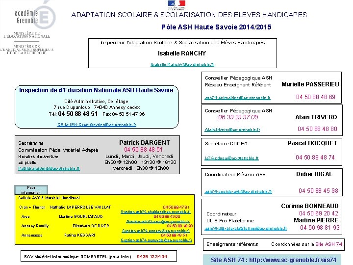 ADAPTATION SCOLAIRE & SCOLARISATION DES ELEVES HANDICAPES Pôle ASH Haute Savoie 2014/2015 Inspecteur Adaptation
