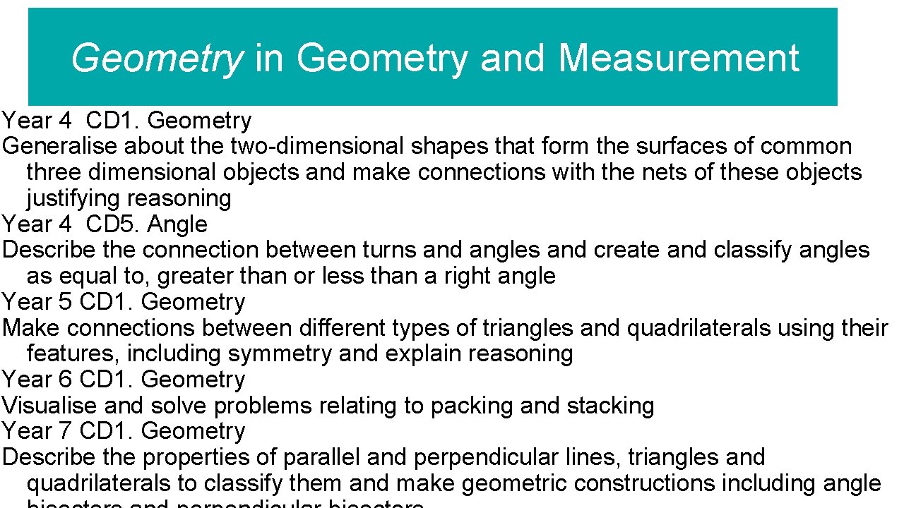 Geometry in Geometry and Measurement Year 4 CD 1. Geometry Generalise about the two-dimensional