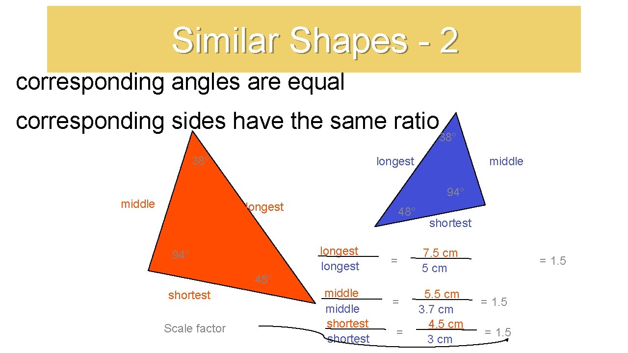 Similar Shapes - 2 corresponding angles are equal corresponding sides have the same ratio