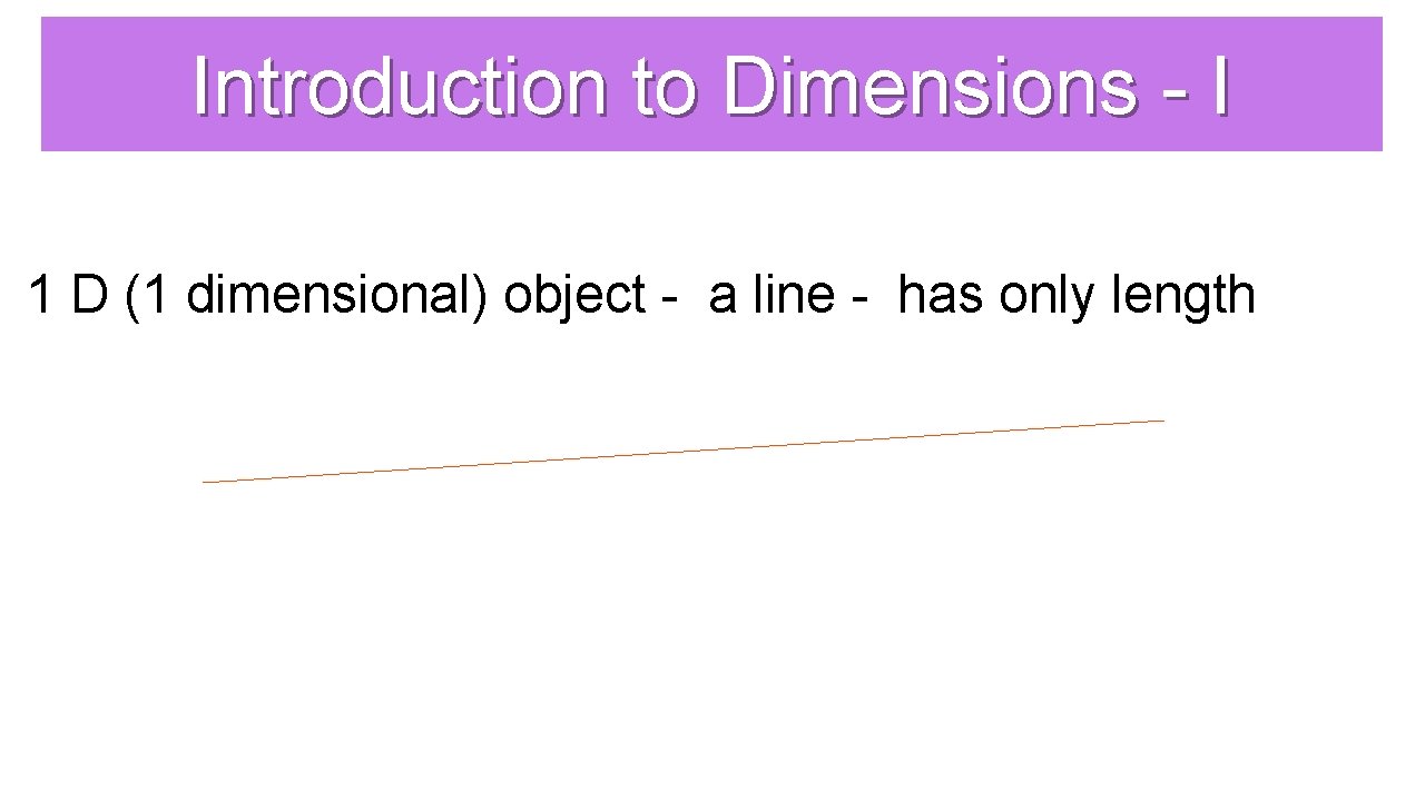 Introduction to Dimensions - I 1 D (1 dimensional) object - a line -