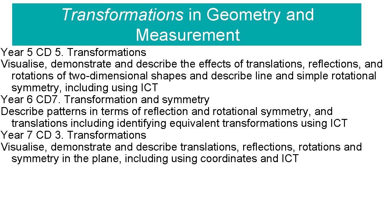 Transformations in Geometry and Measurement Year 5 CD 5. Transformations Visualise, demonstrate and describe