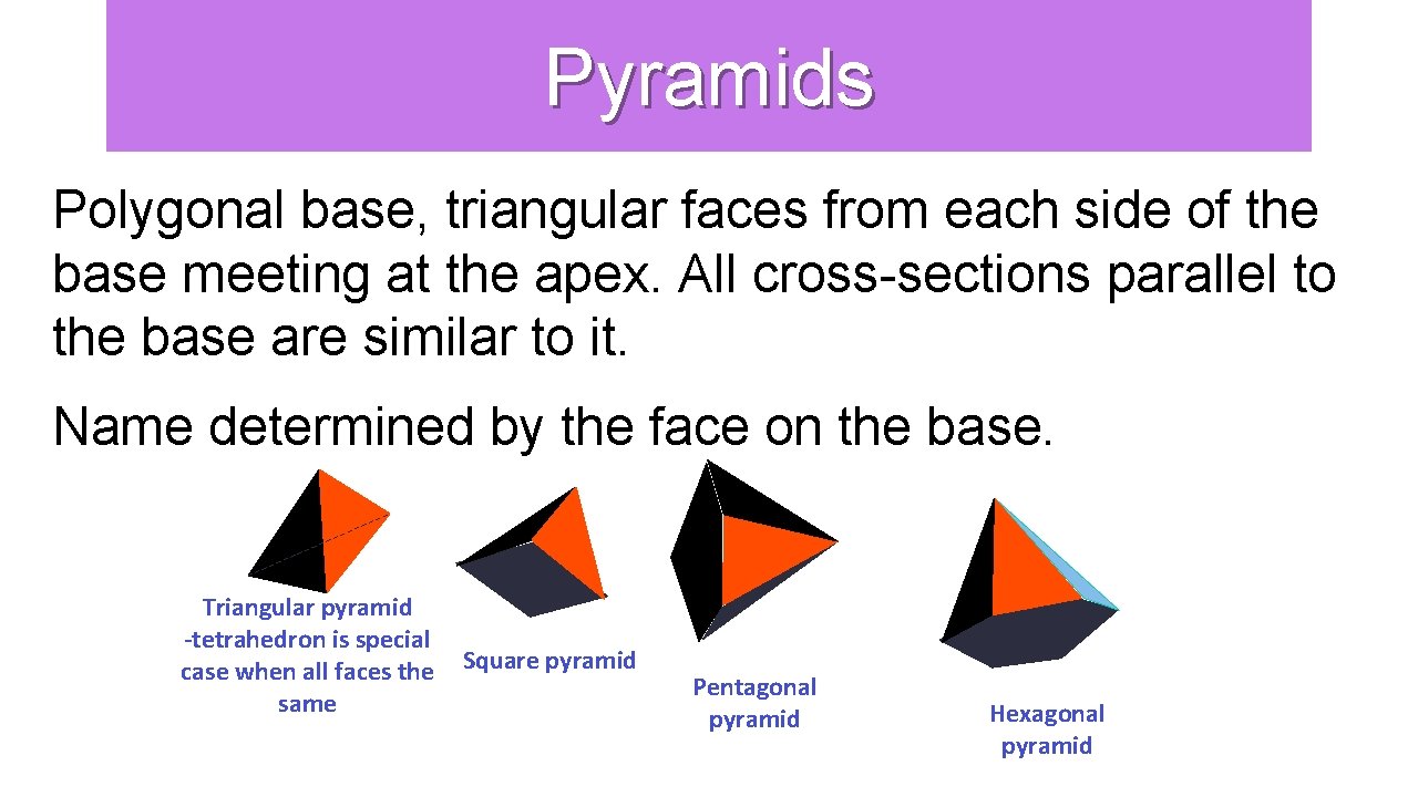 Pyramids Polygonal base, triangular faces from each side of the base meeting at the