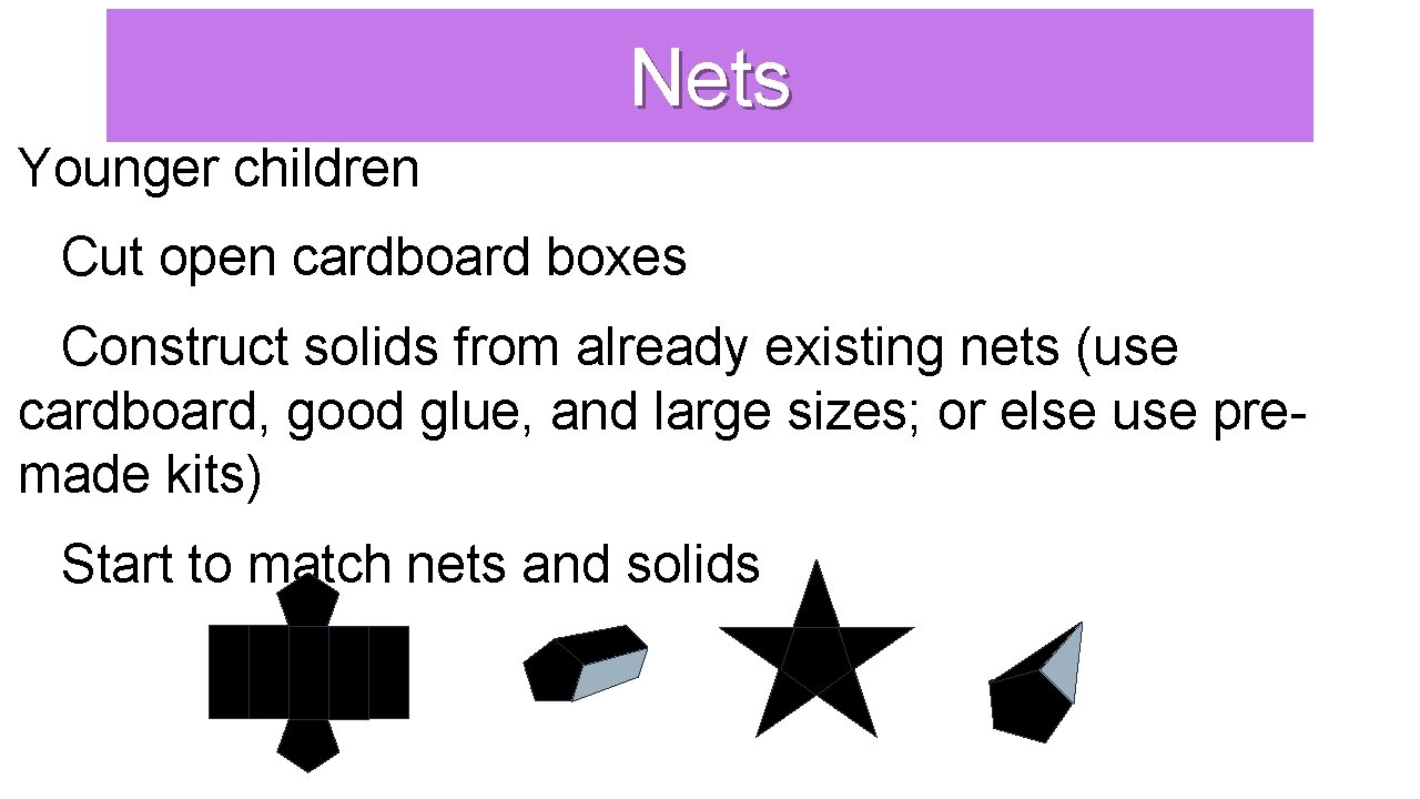 Nets Younger children Cut open cardboard boxes Construct solids from already existing nets (use