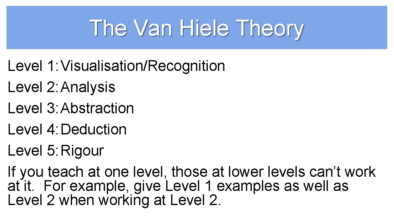 The Van Hiele Theory Level 1: Visualisation/Recognition Level 2: Analysis Level 3: Abstraction Level