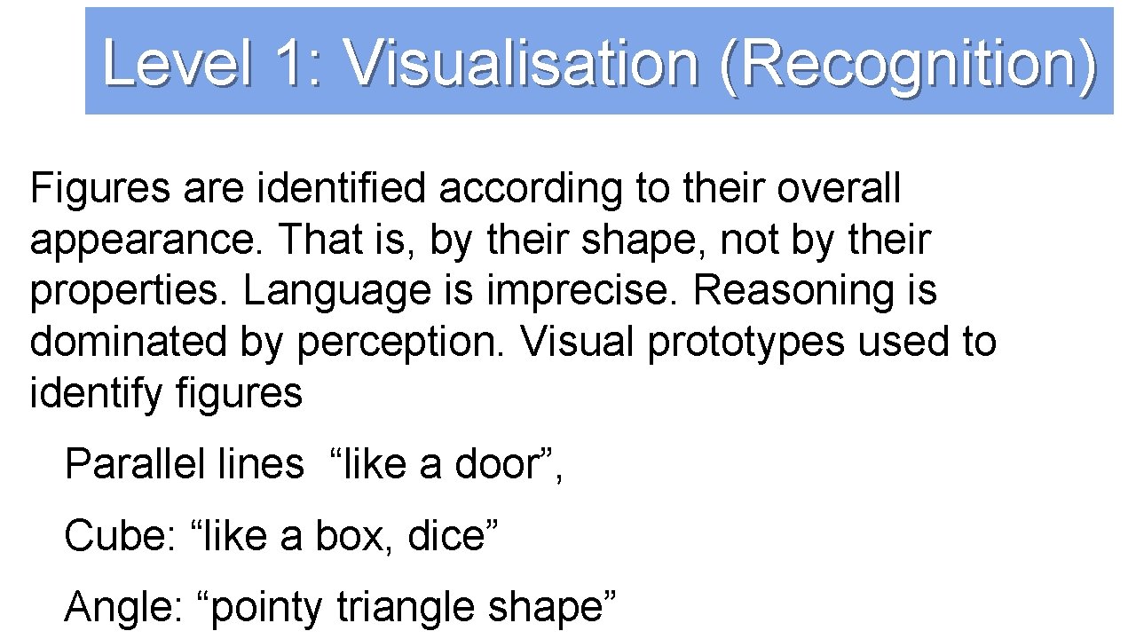 Level 1: Visualisation (Recognition) Figures are identified according to their overall appearance. That is,