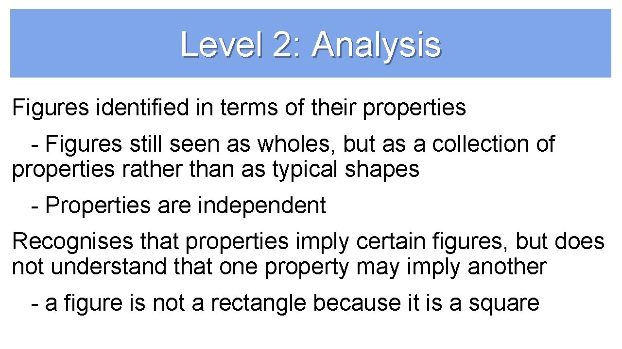 Level 2: Analysis Figures identified in terms of their properties - Figures still seen