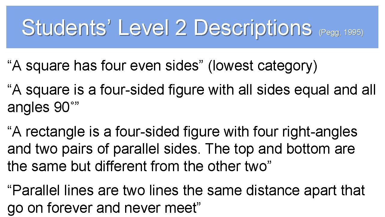 Students’ Level 2 Descriptions (Pegg, 1995) “A square has four even sides” (lowest category)