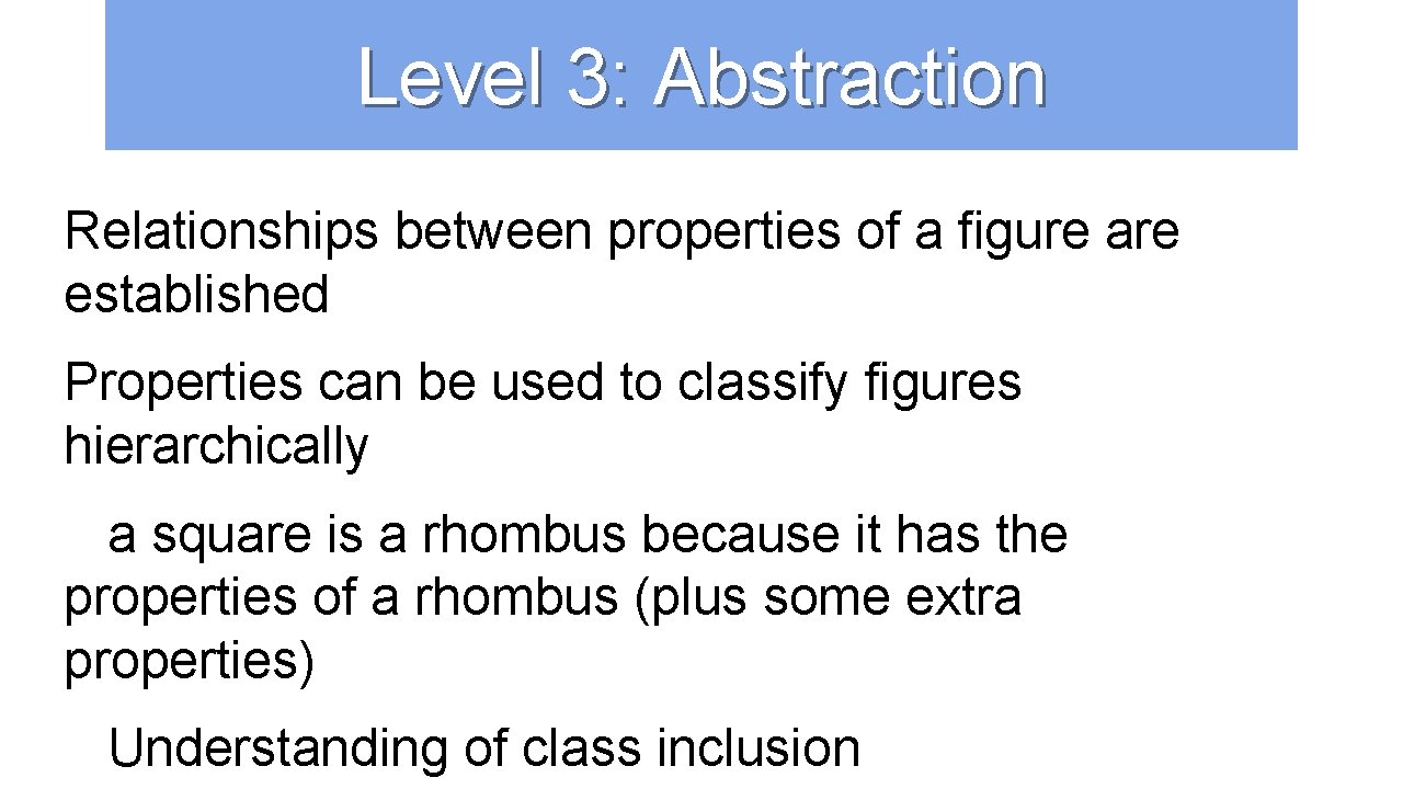 Level 3: Abstraction Relationships between properties of a figure are established Properties can be