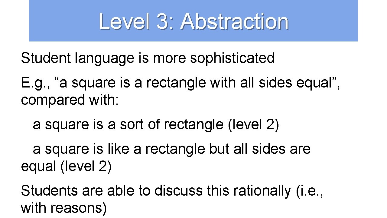 Level 3: Abstraction Student language is more sophisticated E. g. , “a square is