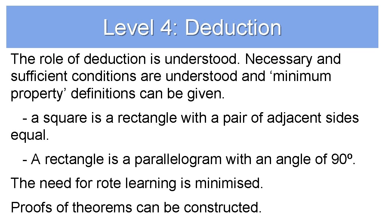 Level 4: Deduction The role of deduction is understood. Necessary and sufficient conditions are