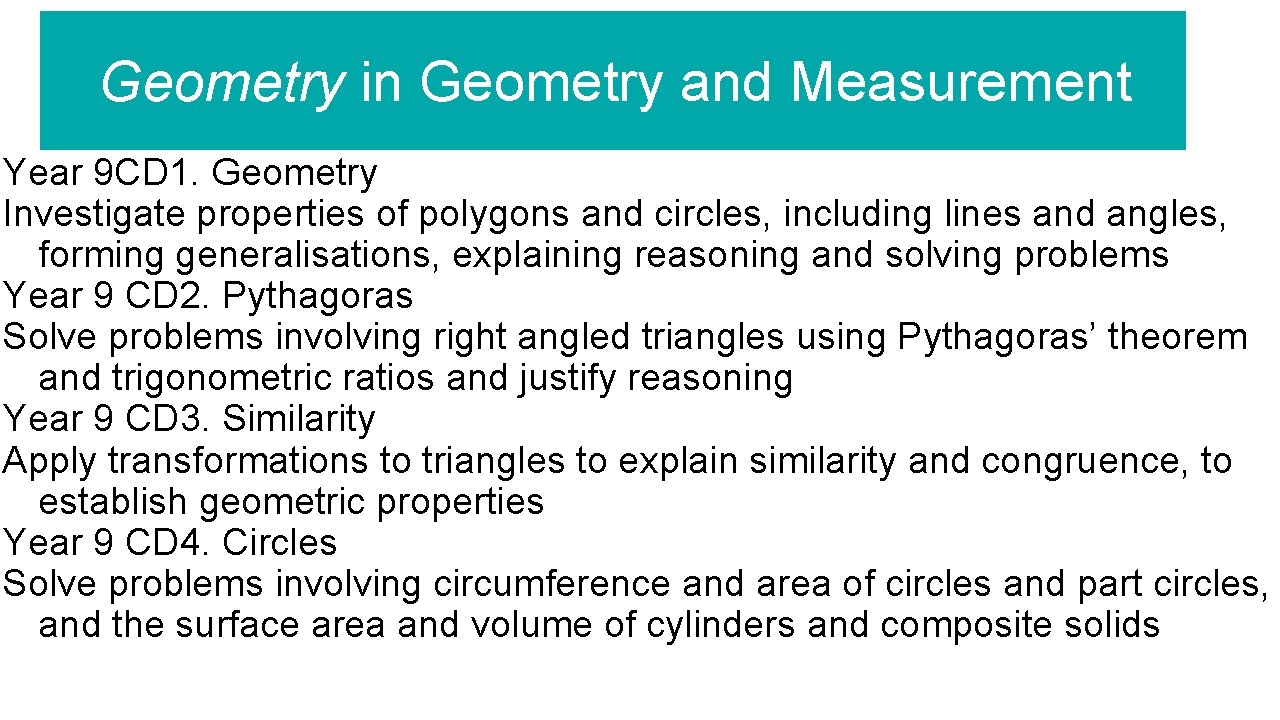 Geometry in Geometry and Measurement Year 9 CD 1. Geometry Investigate properties of polygons