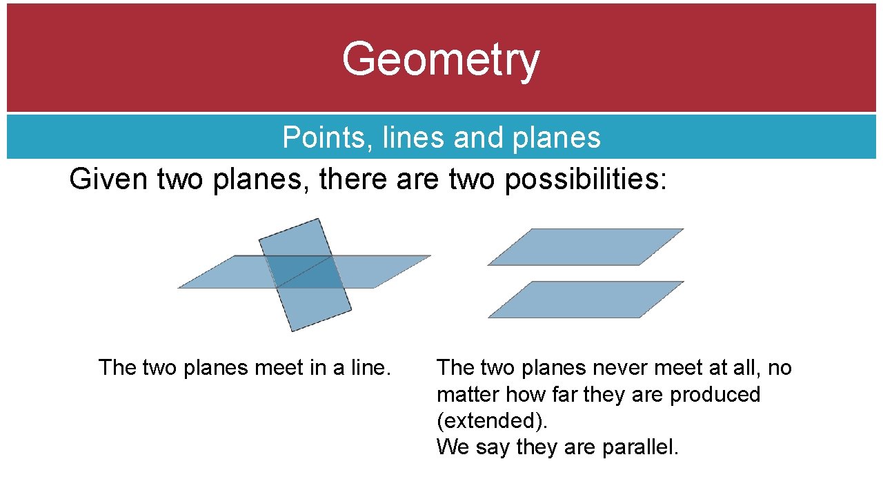 Geometry Points, lines and planes Given two planes, there are two possibilities: Planes The