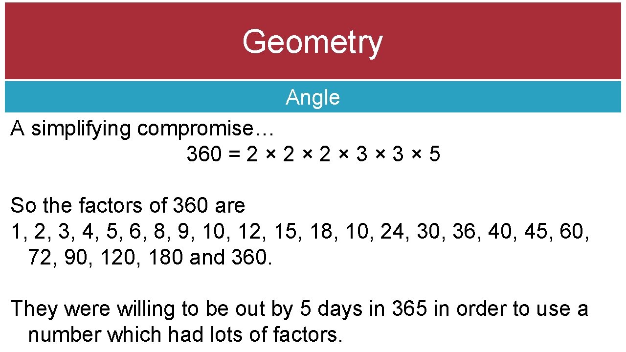 Geometry Angle A simplifying compromise… 360 = 2 × 2 × 3 × 5