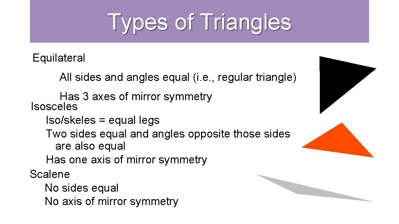 Types of Triangles Equilateral All sides and angles equal (i. e. , regular triangle)