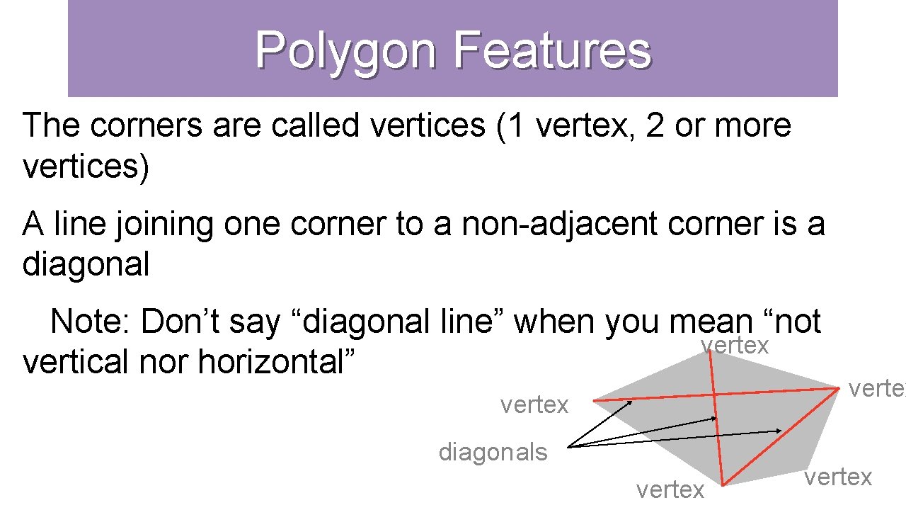 Polygon Features The corners are called vertices (1 vertex, 2 or more vertices) A