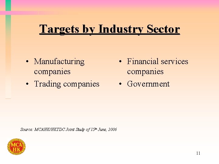 Targets by Industry Sector • Manufacturing companies • Trading companies • Financial services companies
