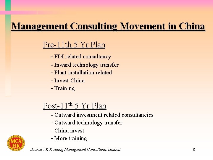 Management Consulting Movement in China Pre-11 th 5 Yr Plan - FDI related consultancy