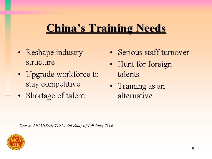 China’s Training Needs • Reshape industry structure • Upgrade workforce to stay competitive •