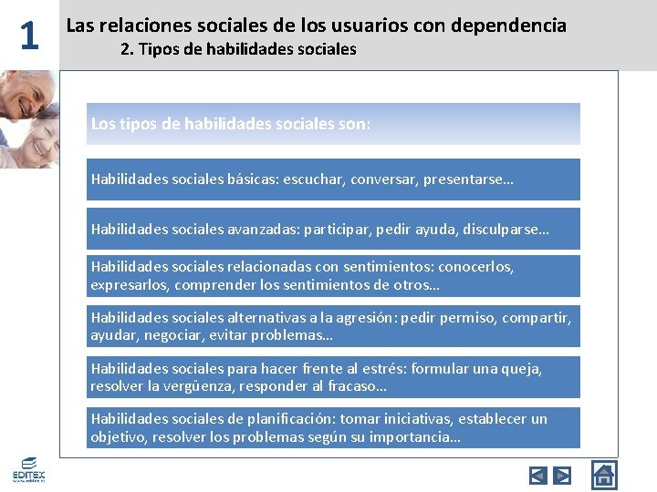 1 Las relaciones sociales de los usuarios con dependencia 2. Tipos de habilidades sociales 1 Las relaciones sociales de los usuarios con dependencia 2. Tipos de habilidades sociales