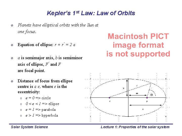 Kepler’s 1 st Law: Law of Orbits o Planets have elliptical orbits with the