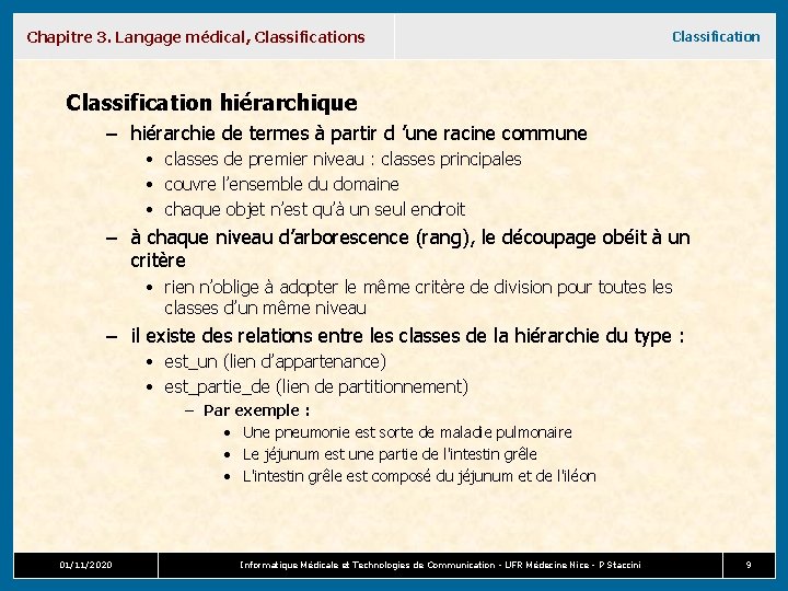 Chapitre 3. Langage médical, Classifications Classification hiérarchique – hiérarchie de termes à partir d