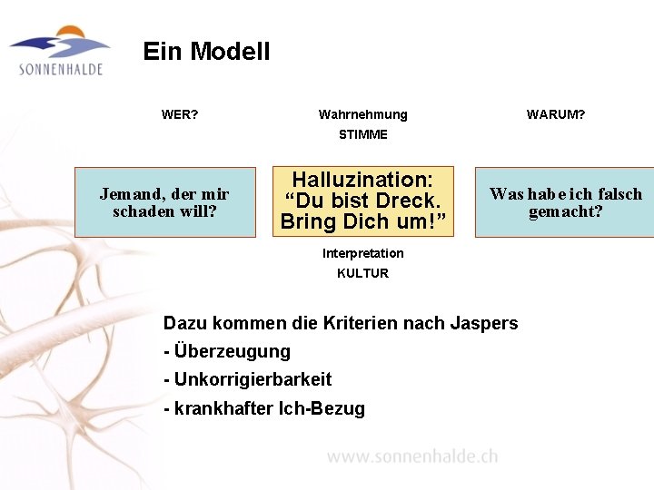 Ein Modell Wahrnehmung WER? WARUM? STIMME Jemand, der mir schaden will? Halluzination: “Du bist