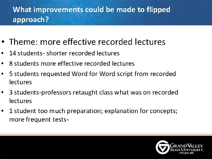 What improvements could be made to flipped approach? • Theme: more effective recorded lectures What improvements could be made to flipped approach? • Theme: more effective recorded lectures