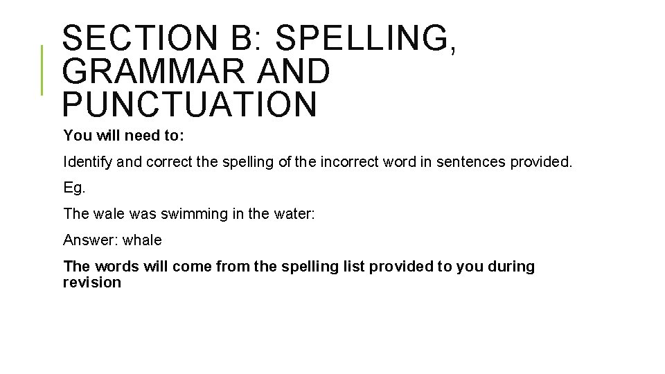 SECTION B: SPELLING, GRAMMAR AND PUNCTUATION You will need to: Identify and correct the