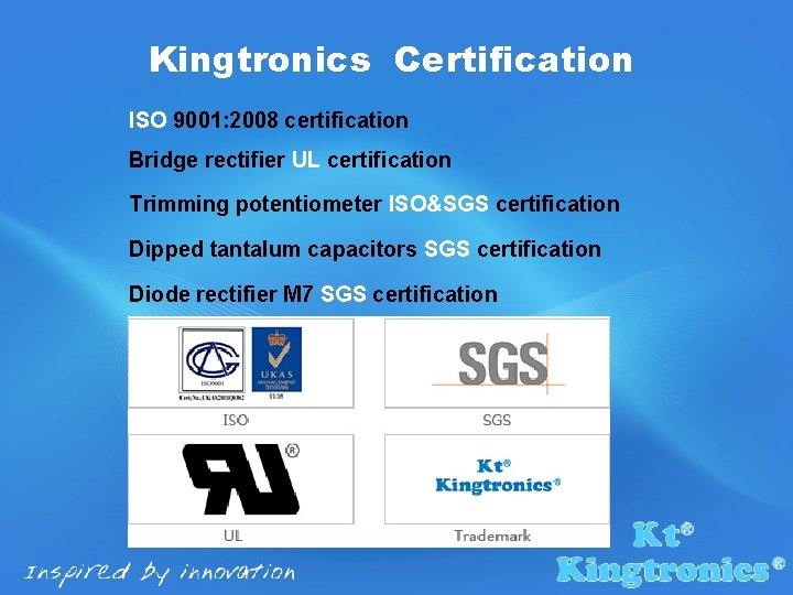 Kingtronics Certification ISO 9001: 2008 certification Bridge rectifier UL certification Trimming potentiometer ISO&SGS certification