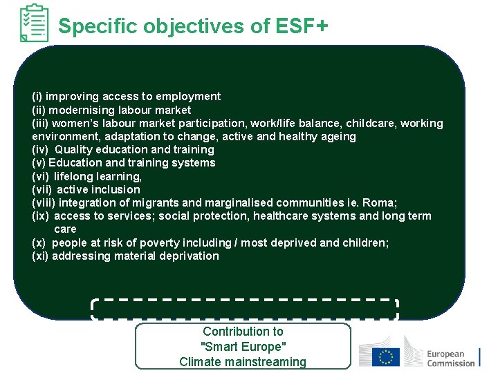 Specific objectives of ESF+ (i) improving access to employment (ii) modernising labour market (iii)