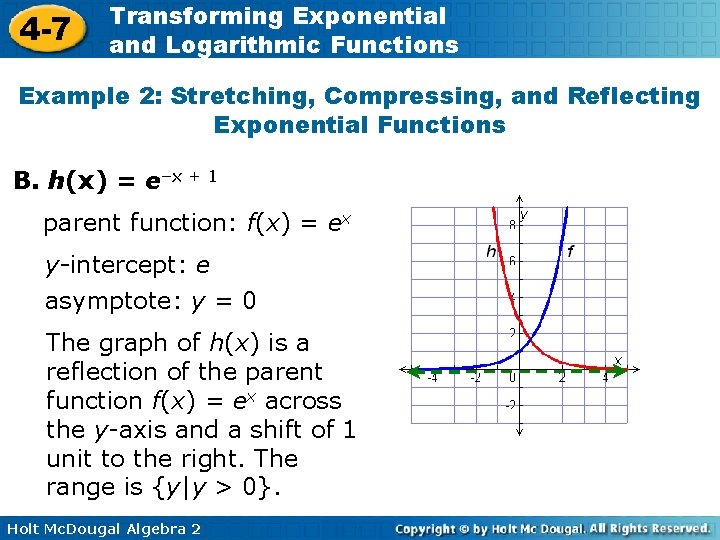 4 -7 Transforming Exponential and Logarithmic Functions Example 2: Stretching, Compressing, and Reflecting Exponential