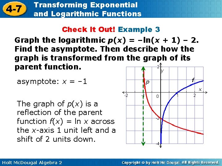 4 -7 Transforming Exponential and Logarithmic Functions Check It Out! Example 3 Graph the