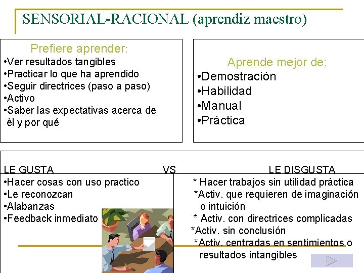 SENSORIAL-RACIONAL (aprendiz maestro) Prefiere aprender: Aprende mejor de: • Demostración • Habilidad • Manual