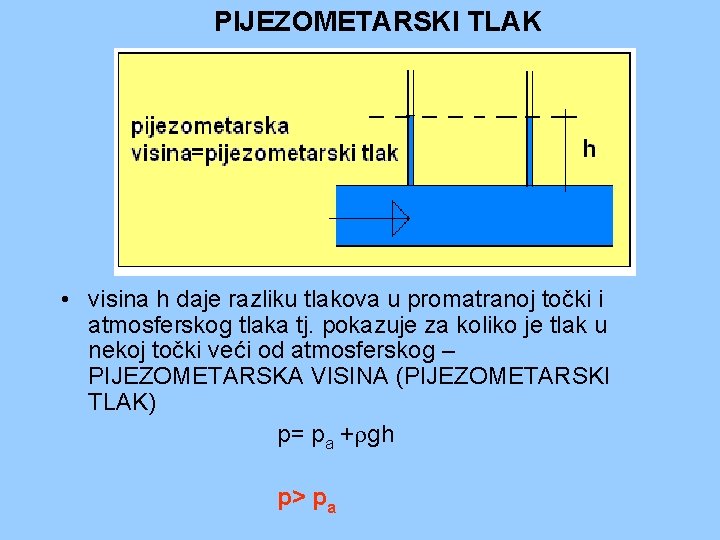 PIJEZOMETARSKI TLAK • visina h daje razliku tlakova u promatranoj točki i atmosferskog tlaka