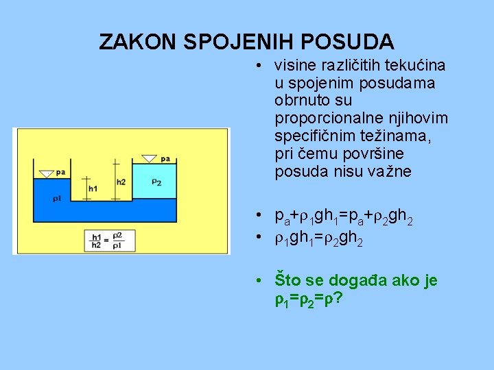 ZAKON SPOJENIH POSUDA • visine različitih tekućina u spojenim posudama obrnuto su proporcionalne njihovim