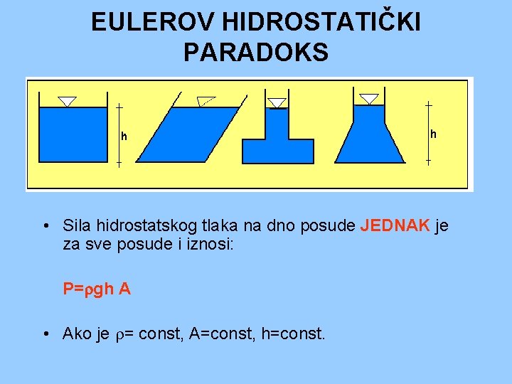 EULEROV HIDROSTATIČKI PARADOKS • Sila hidrostatskog tlaka na dno posude JEDNAK je za sve