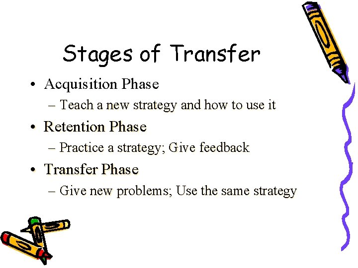 Stages of Transfer • Acquisition Phase – Teach a new strategy and how to