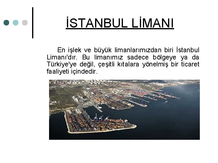 İSTANBUL LİMANI En işlek ve büyük limanlarımızdan biri İstanbul Limanı'dır. Bu limanımız sadece bölgeye