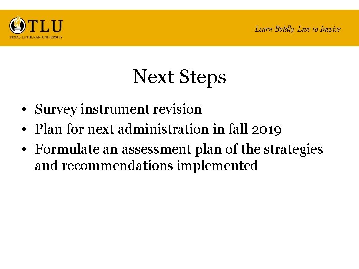 Next Steps • Survey instrument revision • Plan for next administration in fall 2019