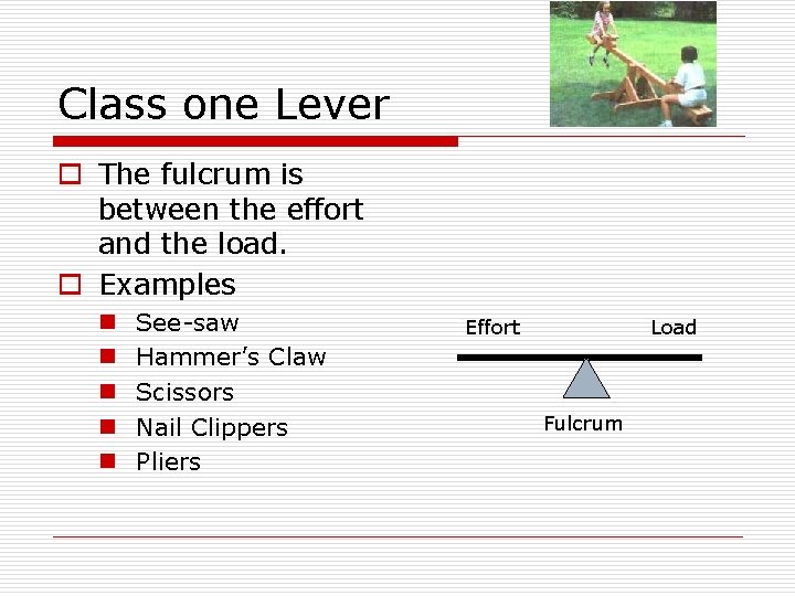 Class one Lever o The fulcrum is between the effort and the load. o Class one Lever o The fulcrum is between the effort and the load. o