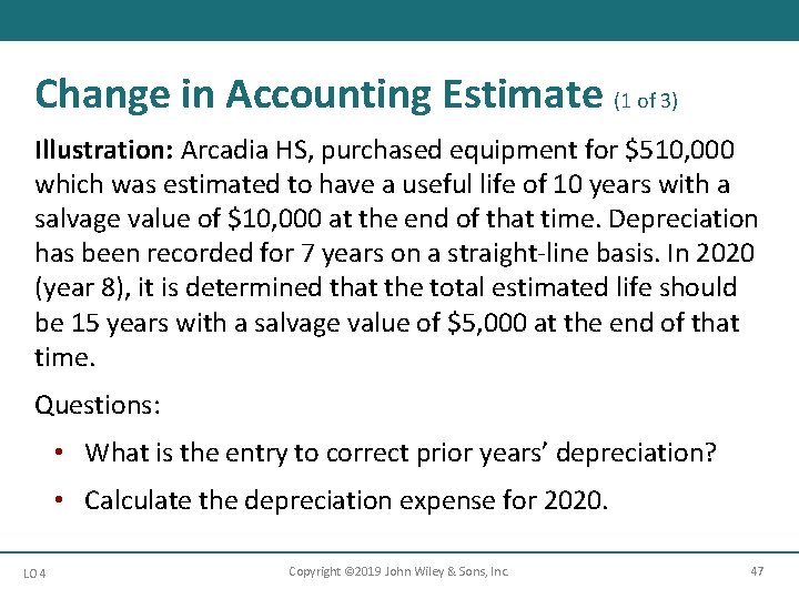 Change in Accounting Estimate (1 of 3) Illustration: Arcadia HS, purchased equipment for $510,