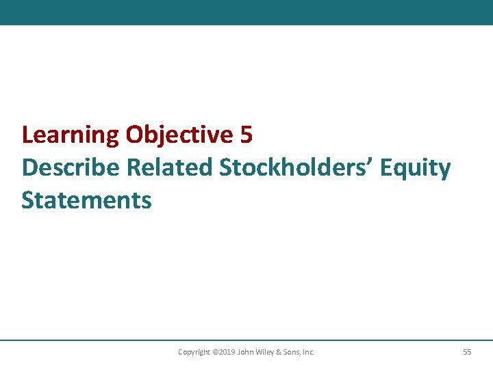 Learning Objective 5 Describe Related Stockholders’ Equity Statements Copyright © 2019 John Wiley &