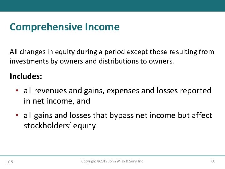 Comprehensive Income All changes in equity during a period except those resulting from investments