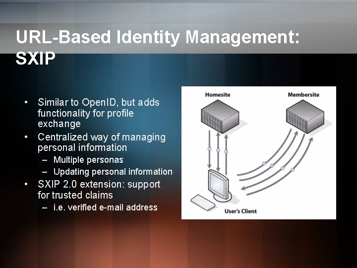 URL-Based Identity Management: SXIP • Similar to Open. ID, but adds functionality for profile URL-Based Identity Management: SXIP • Similar to Open. ID, but adds functionality for profile