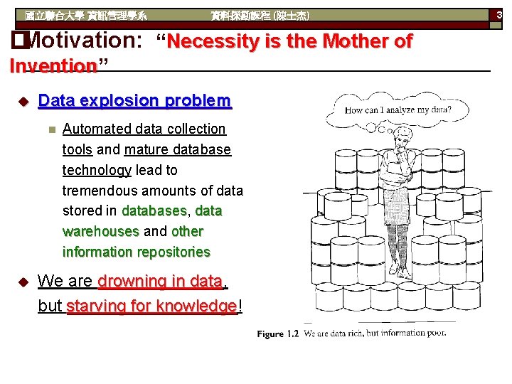 國立聯合大學 資訊管理學系 資料探勘課程 (陳士杰) �Motivation: “Necessity is the Mother of Invention” Invention u Data