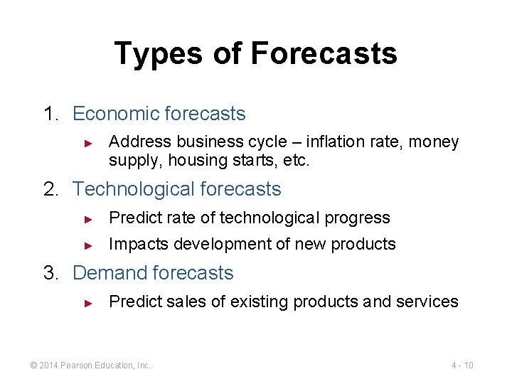 Types of Forecasts 1. Economic forecasts ► Address business cycle – inflation rate, money