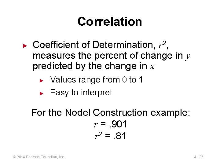 Correlation ► Coefficient of Determination, r 2, measures the percent of change in y