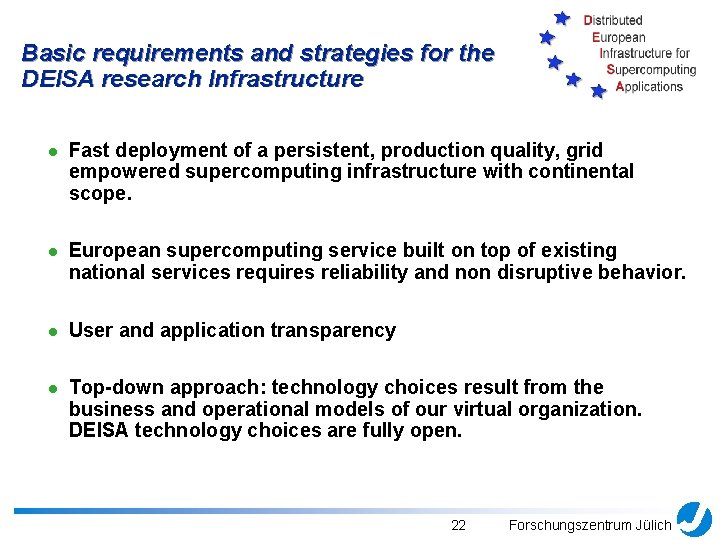 Basic requirements and strategies for the DEISA research Infrastructure l Fast deployment of a