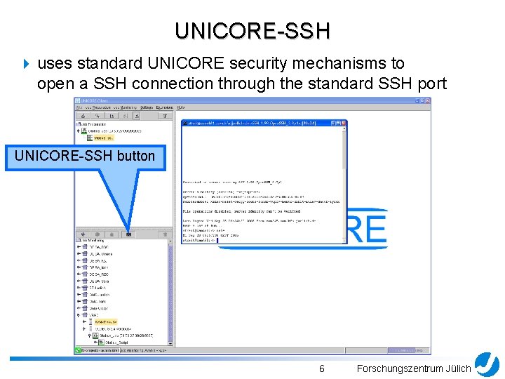 UNICORE-SSH 4 uses standard UNICORE security mechanisms to open a SSH connection through the