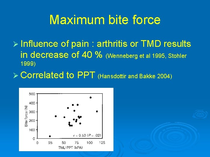 Maximum bite force Ø Influence of pain : arthritis or TMD results in decrease